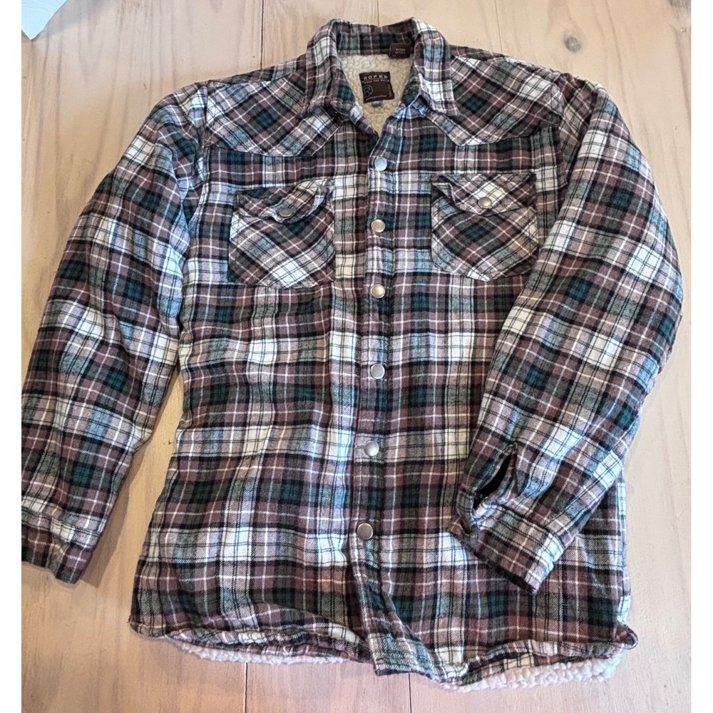 Roper Mens XL Plaid Flannel Shirt Jacket Faux Shearling Lined Western Snap Brown